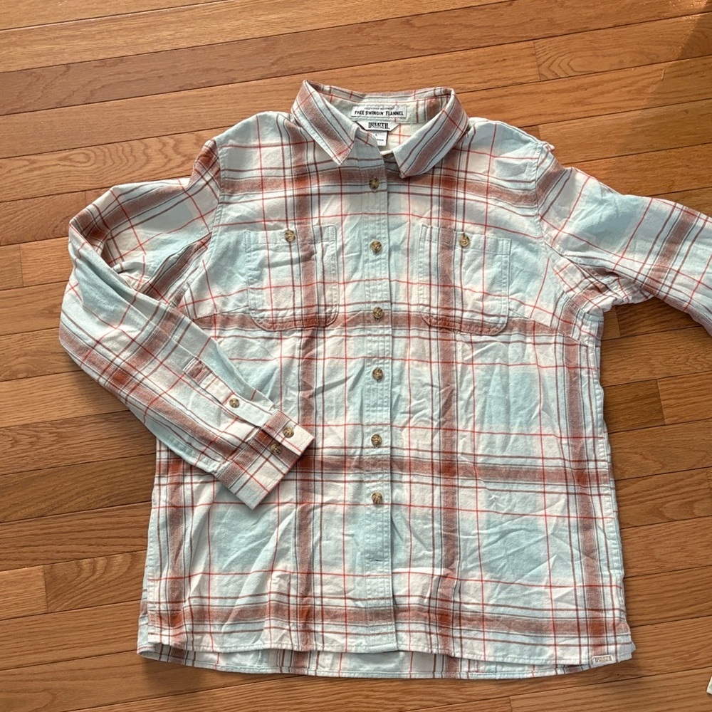 Duluth Trading Co Women's Plaid Button-Down Shirt - Cream and rust